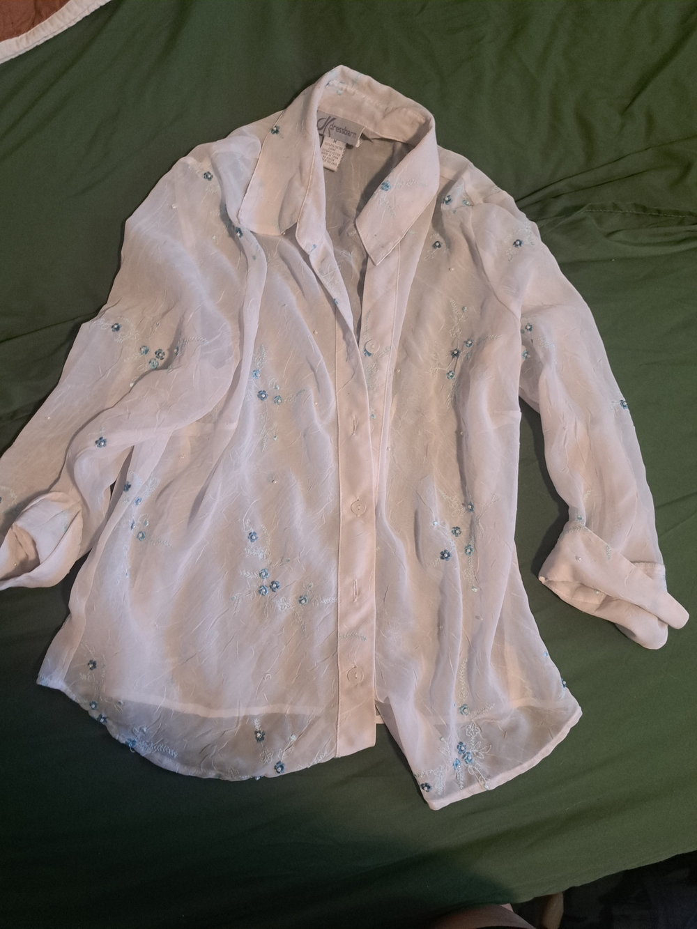 dressbarn White Sheer Button-Down Blouse with Light Blue Floral Accents